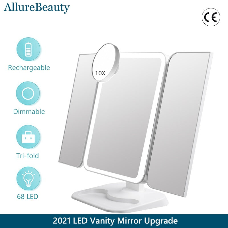 Trifold LED Makeup Mirror - 68 LED Vanity Mirror with 10X Magnification & 180° Rotation